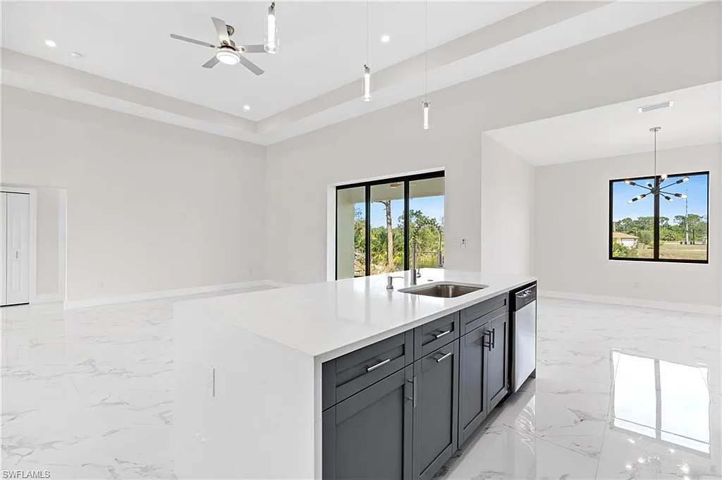 Kitchen island overlooking the bright open living space