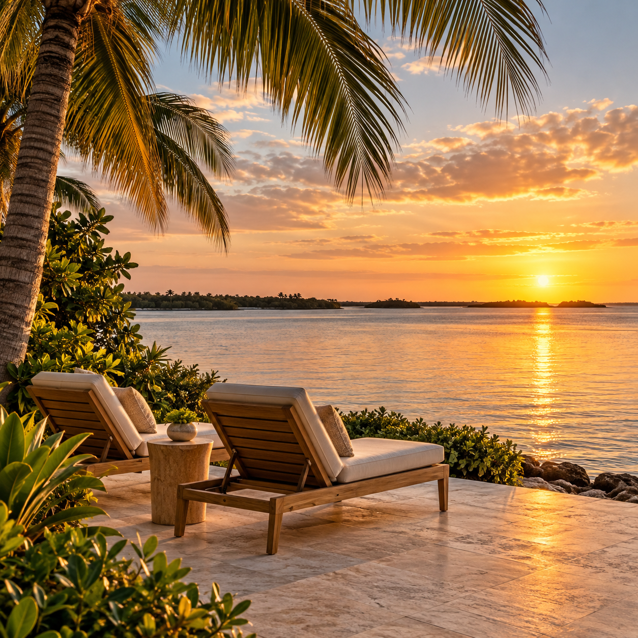 Palm-framed waterfront terrace with lounge chairs overlooking calm water at sunset